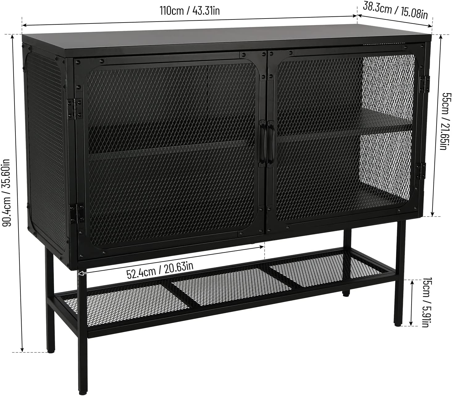 Industrial Cabinet Console Table with 2 Mesh Doors Adjustable Shelf and Feet Bottom Shelf Anti-Tip Dust-Free Kitchen Credenza Sideboard Frosted O592