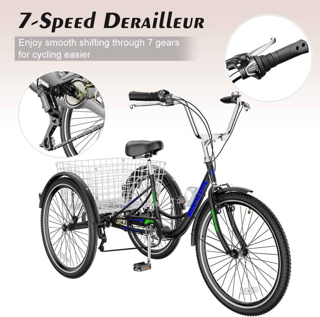Black 24" 7 Speed 3 Wheel Adult Tricycle with Basket K1242