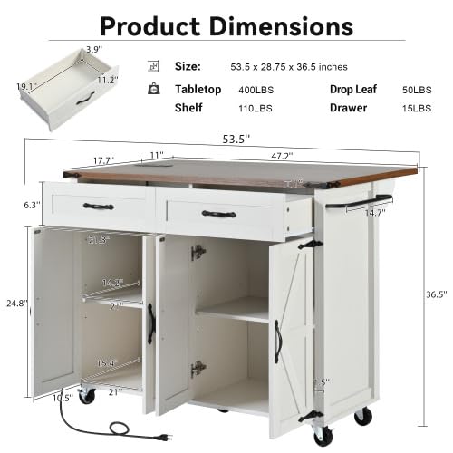 Black Kitchen Island with Storage Cabinet on Wheels, 53.5'' Mobile Kitchen Cart with Power Outlet, Drop Leaf, Spice Rack and Drawer M692