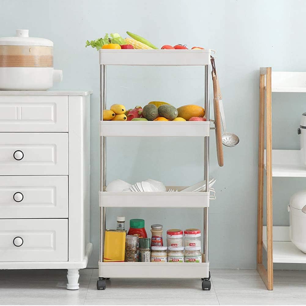 4 Tier Narrow Sliding Storage Organizer Rack Rolling Cart (White) R2673