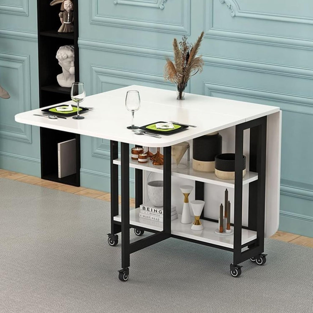 Drop Leaf Dining Table with 6 Wheels and 2-Layer Storage Racks C337033