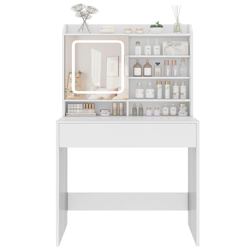 White Small Vanity Desk with Mirror and Lights, 1 Drawer & 3 Shelves D724