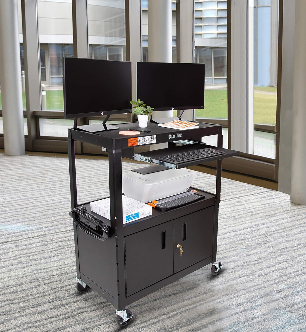 Large AV Cart with Locking Cabinet, Height Adjustable, Black M820