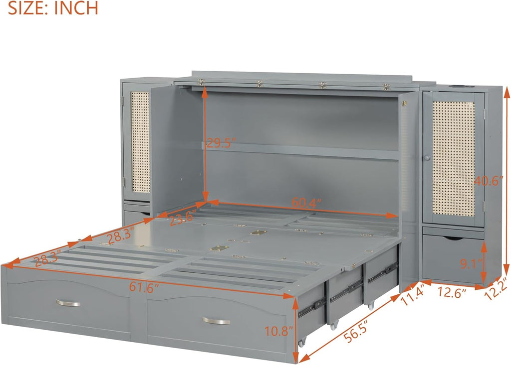 Gray Queen Size Murphy Bed with Storage Drawer and 2 Cabinets B95849