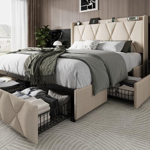 Black Queen Upholstered Platform Bed Frame with 4 Storage Drawers S831550