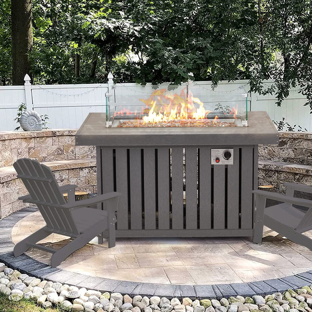 Gray 43 Inch HDPE Propane Fire Pit Table with Lid and Fire Glass J7544