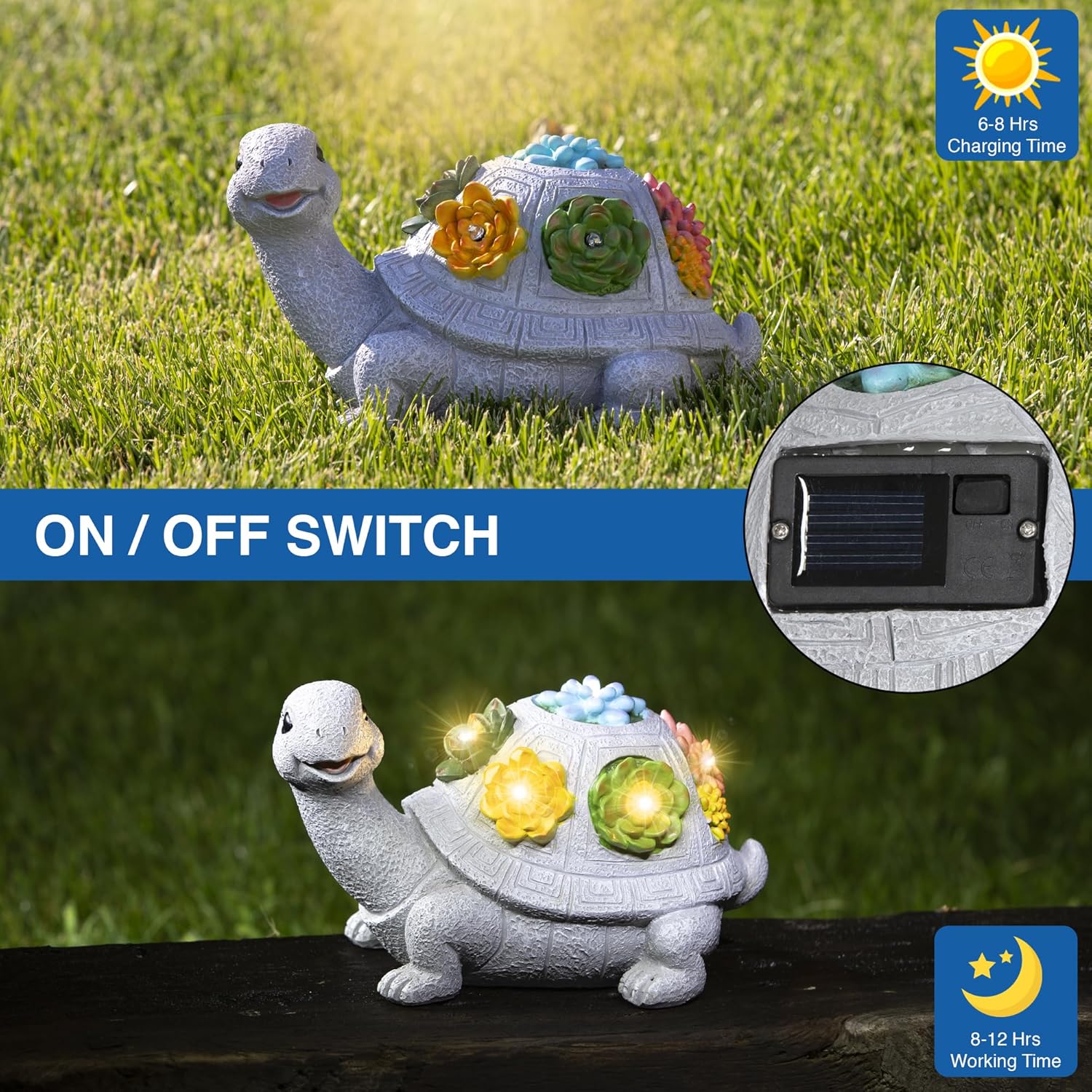 Solar Turtle Garden Statue with Flower Lights Outdoor Decorative Planter Q806351