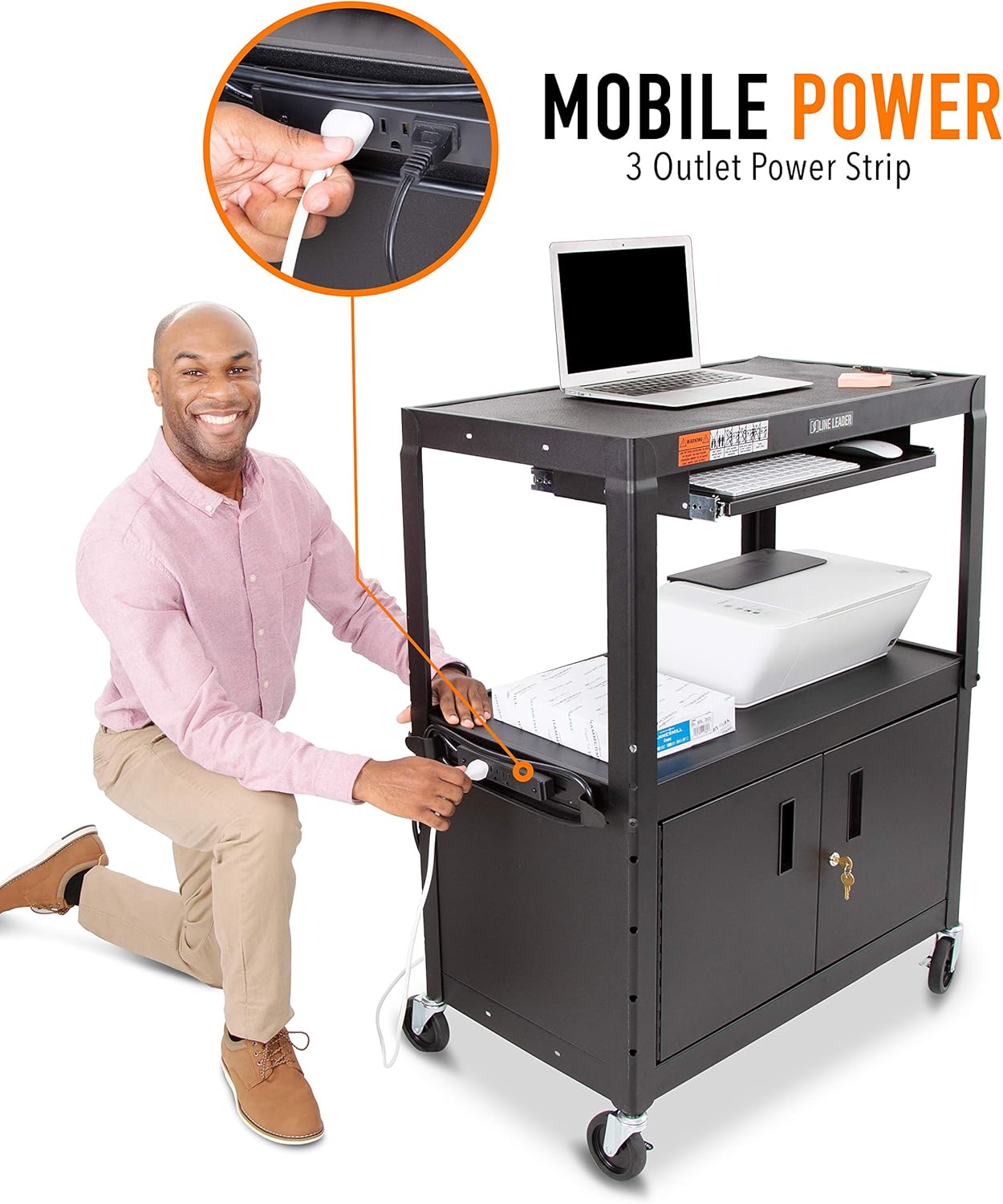 Large AV Cart with Locking Cabinet, Height Adjustable, Black M820