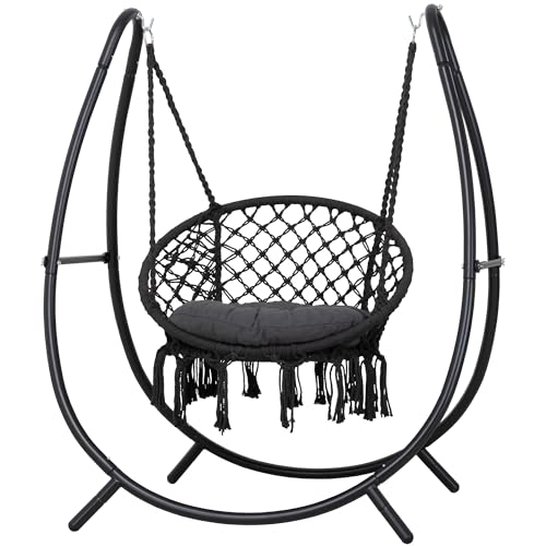 Macrame Hammock Chair with Stand, Heavy Duty Hanging Chair Stand, Includes Seat Cushion, Max 400 Lbs, Natural I447856