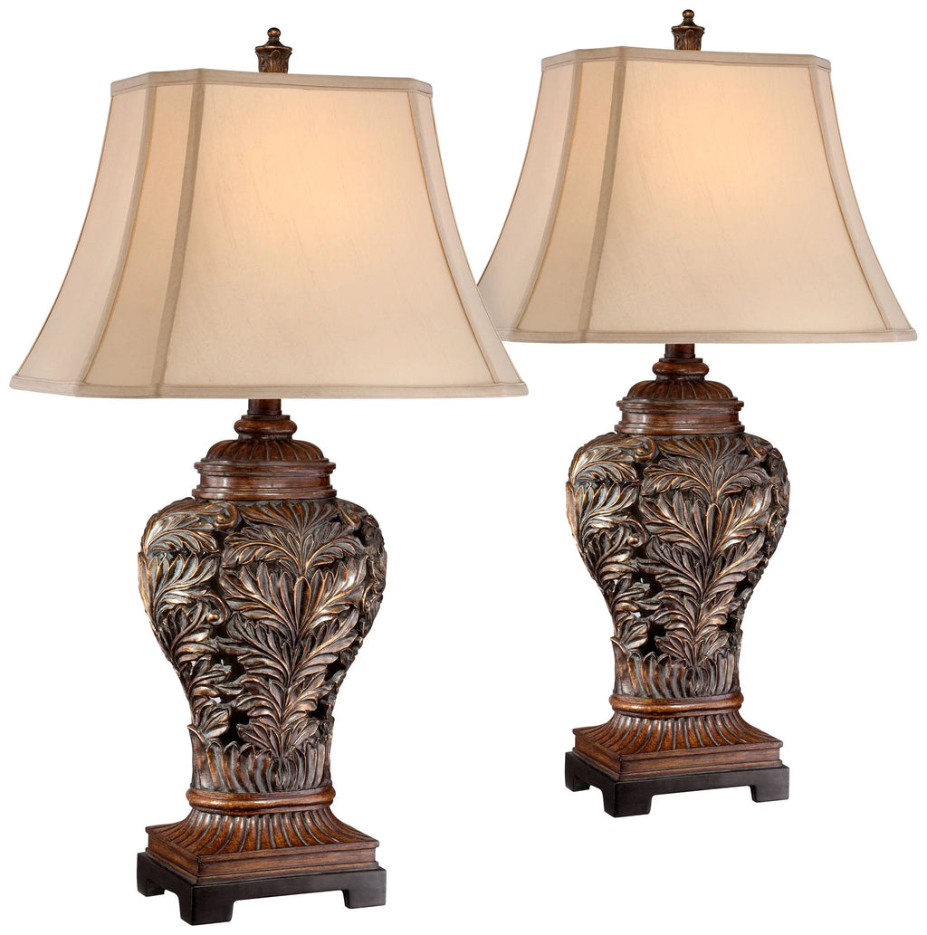 Traditional Table Lamps 32.5" Tall Set of 2 Bronze Tan Rectangular Shade D707
