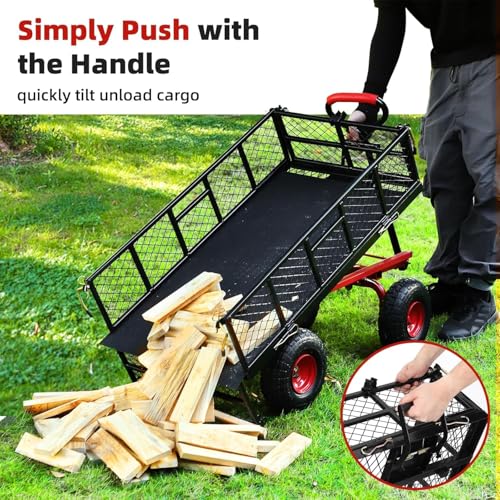 880 lb 10-inch tire steel garden cart with 4-side removable mesh and 180° swivel handle T802023