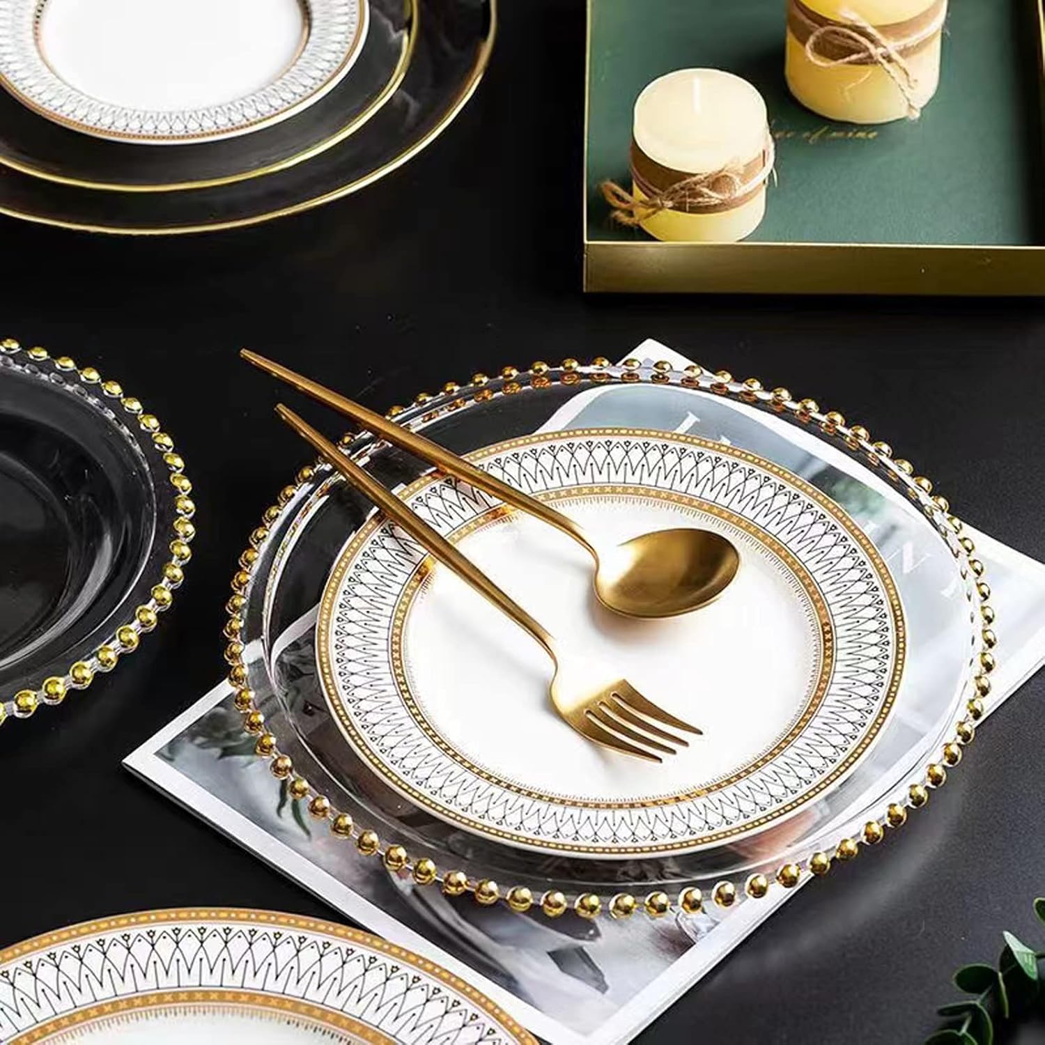 6 Pcs Clear Acrylic Charger Plates with Gold Bead Z98314