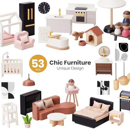 53Pcs Wooden Doll House with Furniture U25705