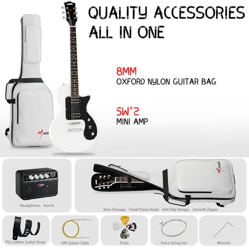 39 Inch Full Size Solid Body Electric Guitar Kit with HH Pickups, Gig Bag, Amplifier, Strap, Cable, Picks, String (White) U18151