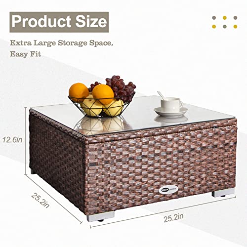 Outdoor Wicker Coffee Table with Glass Top, 25.2in Mixed Brown G58374