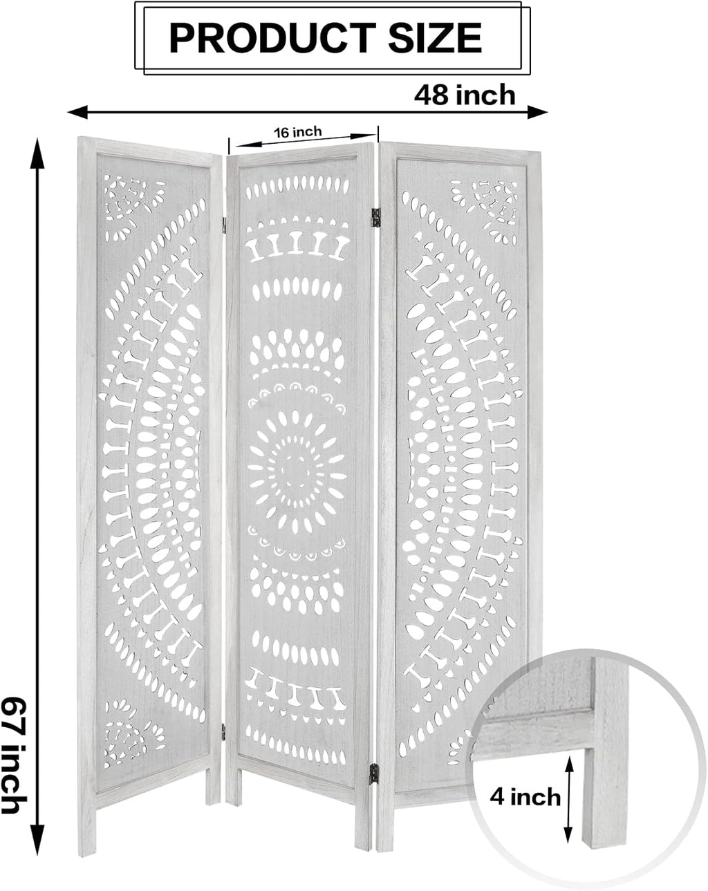 3 Panel Carved Wood Room Divider, 5.6ft Tall Folding Privacy Screen (White) H8638