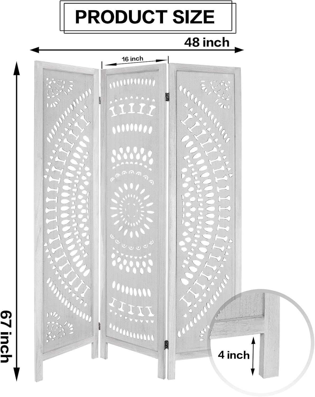 3 Panel Carved Wood Room Divider, 5.6ft Tall Folding Privacy Screen (White) H8638