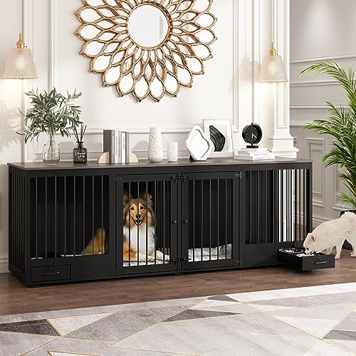 White 86.6" Heavy Duty Wooden Dog Kennel with Dog Bowl Drawers & Divider Y645