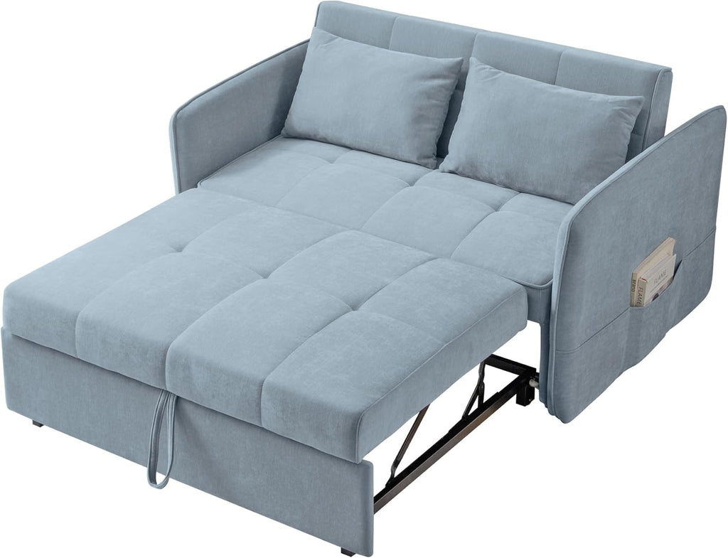 Bluish Grey Chenille Fabric Double Sofa Bed with Pull-Out Bed C1050