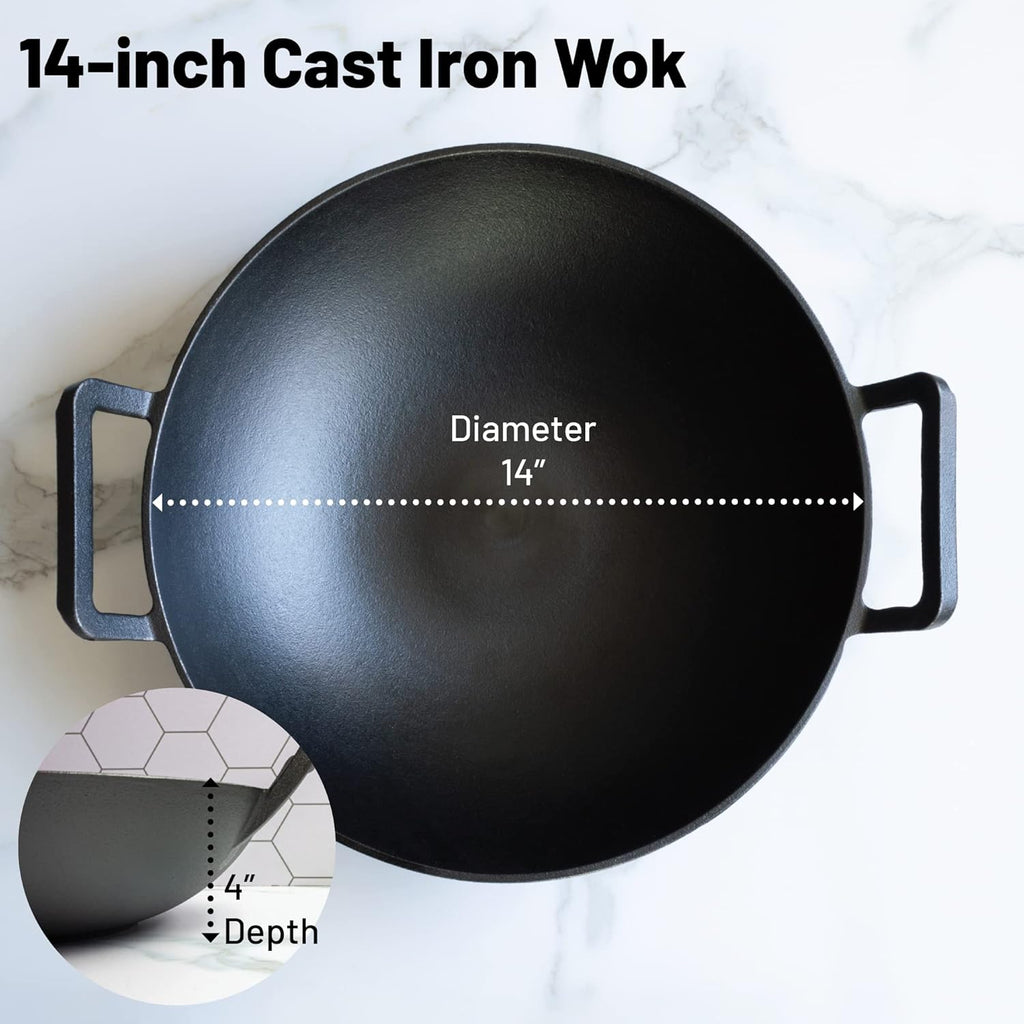 14 inch Cast Iron Wok with Flat Base and Handles I2551