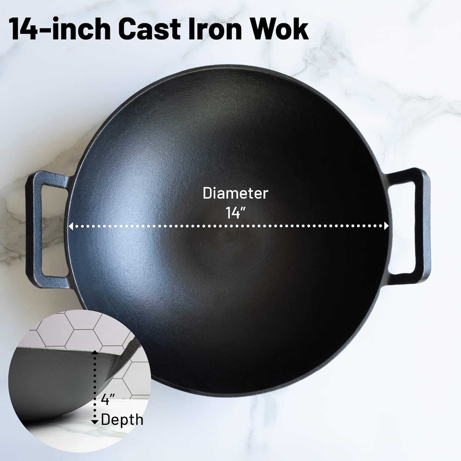 14 inch Cast Iron Wok with Flat Base and Handles I2551