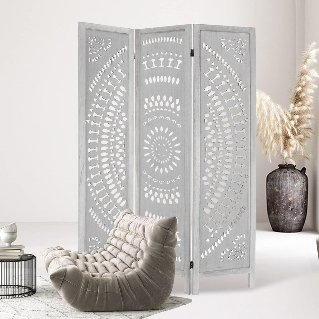 3 Panel Carved Wood Room Divider, 5.6ft Tall Folding Privacy Screen (White) H8638