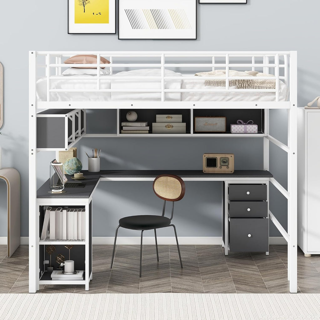 Full Size Metal Loft Bed with Bookcase and Desk N3752