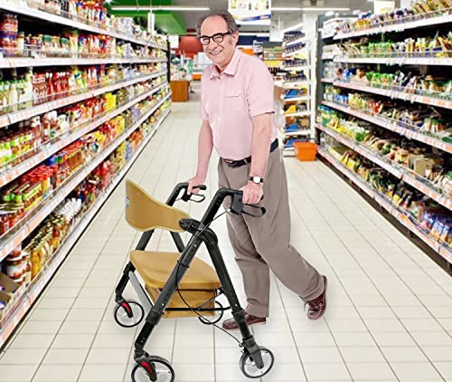 Heavy Duty Rollator Walker with Seat, Extra Wide Alluminium Folding Rolling Walker 450LB with Wide Basket & Padded Seat, 4 Wheel Walker (Black) Q96331