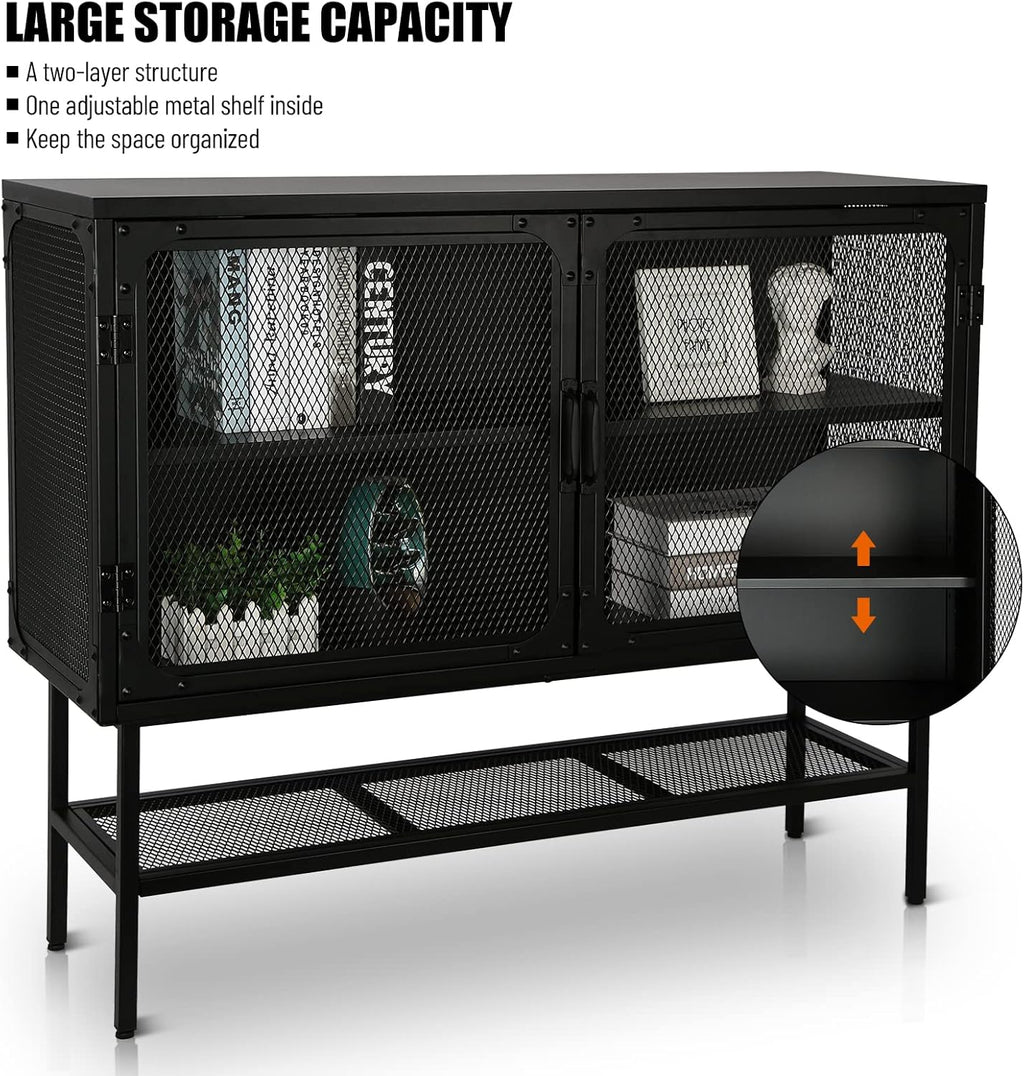 Industrial Cabinet Console Table with 2 Mesh Doors Adjustable Shelf and Feet Bottom Shelf Anti-Tip Dust-Free Kitchen Credenza Sideboard Frosted O592
