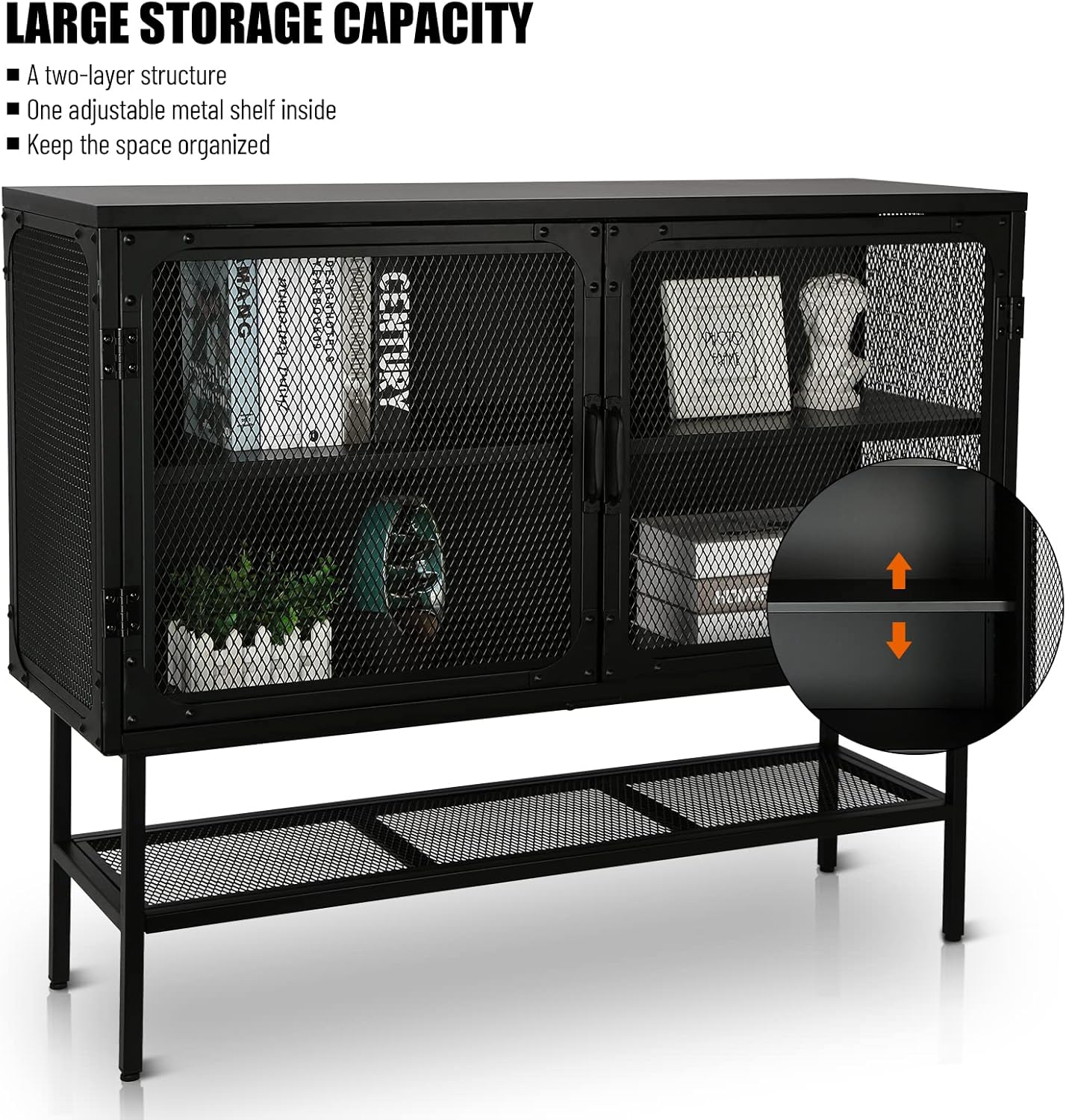Industrial Cabinet Console Table with 2 Mesh Doors Adjustable Shelf and Feet Bottom Shelf Anti-Tip Dust-Free Kitchen Credenza Sideboard Frosted O592