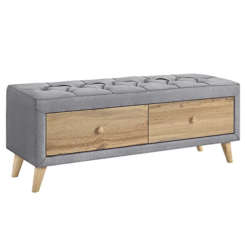 Gray Upholstered Wooden Storage Ottoman Bench with 2 Drawers V2747
