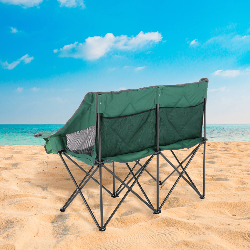 Green Portable Folding Double Camping Chair Loveseat with Carrying Bag E1756