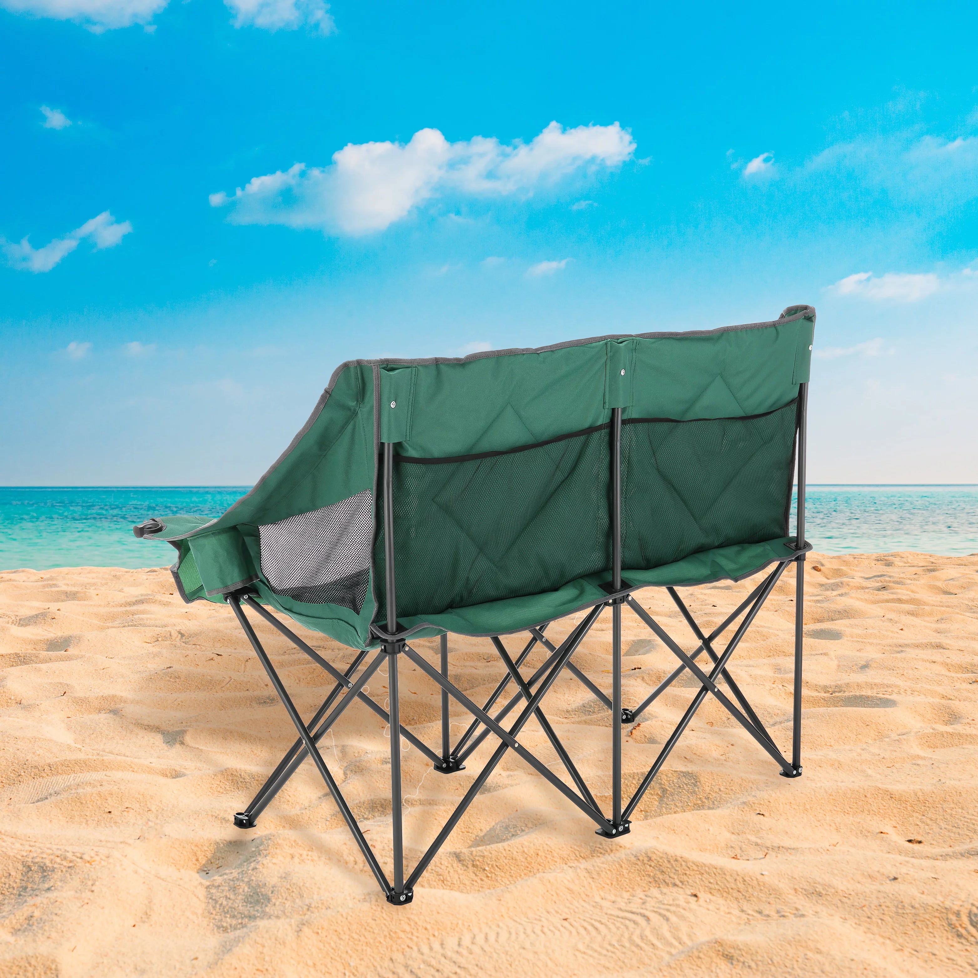 Green Portable Folding Double Camping Chair Loveseat with Carrying Bag E1756