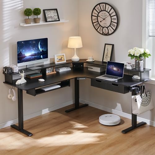 Dark Rustic Oak L Shaped Electric Standing Desk with Drawers F98220