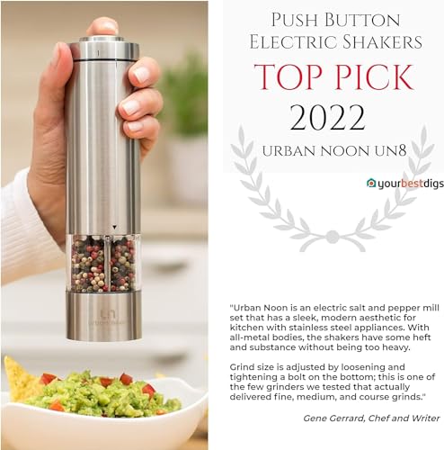 Electric Salt and Pepper Grinder Set - Battery Operated Stainless Steel Mill with Light (2 Black Mills) - Ceramic Grinders Q630