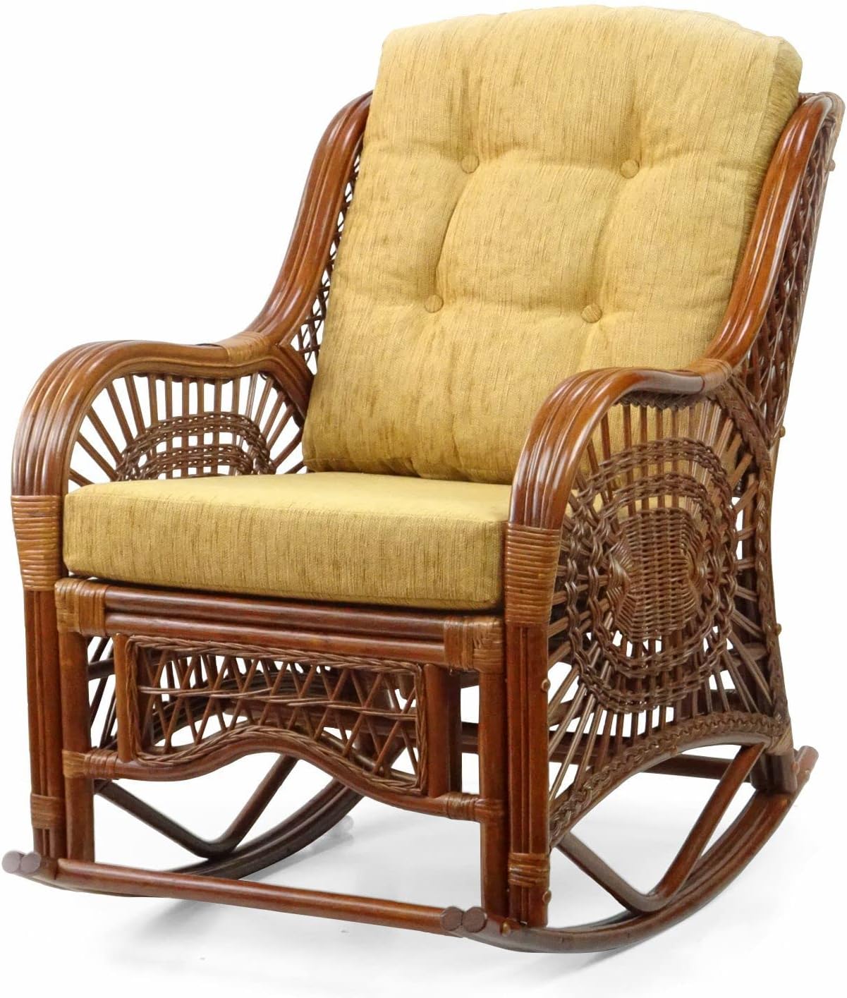 Natural Rattan Set of 2 Rocking Lounge Chairs with Light Brown Cushions and Round Coffee Table with Glass B162