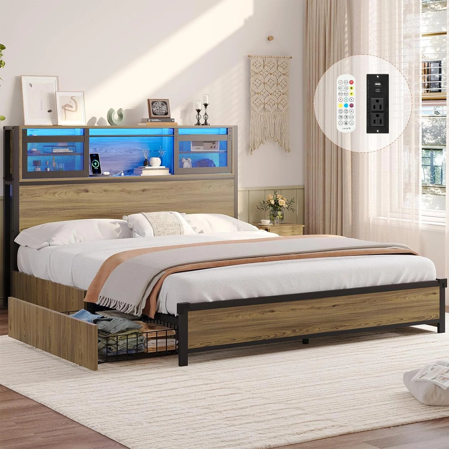 Oak Grey Full Size Metal Platform Bed Frame with 4 Storage Drawers X46878