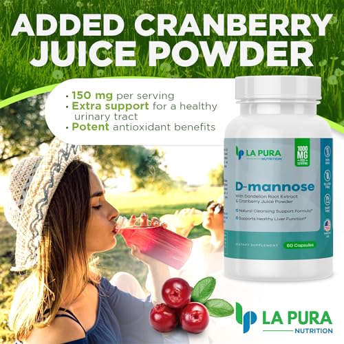 D-mannose 1000 mg Supplement with Cranberry Juice Powder, Hibiscus Flower & Dandelion Herb Extract, 60 Capsules K7462