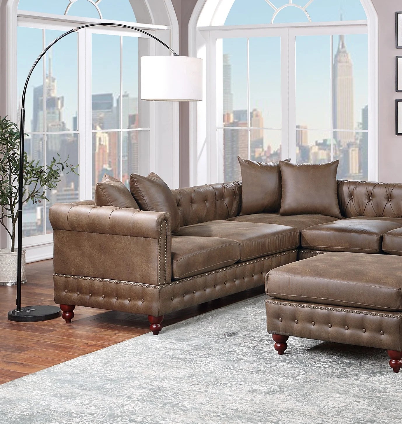 Dark Coffee Leatherette Solidwood Sectional 4pc Set Reversible Chaise Ottoman Tufted Couch E953500