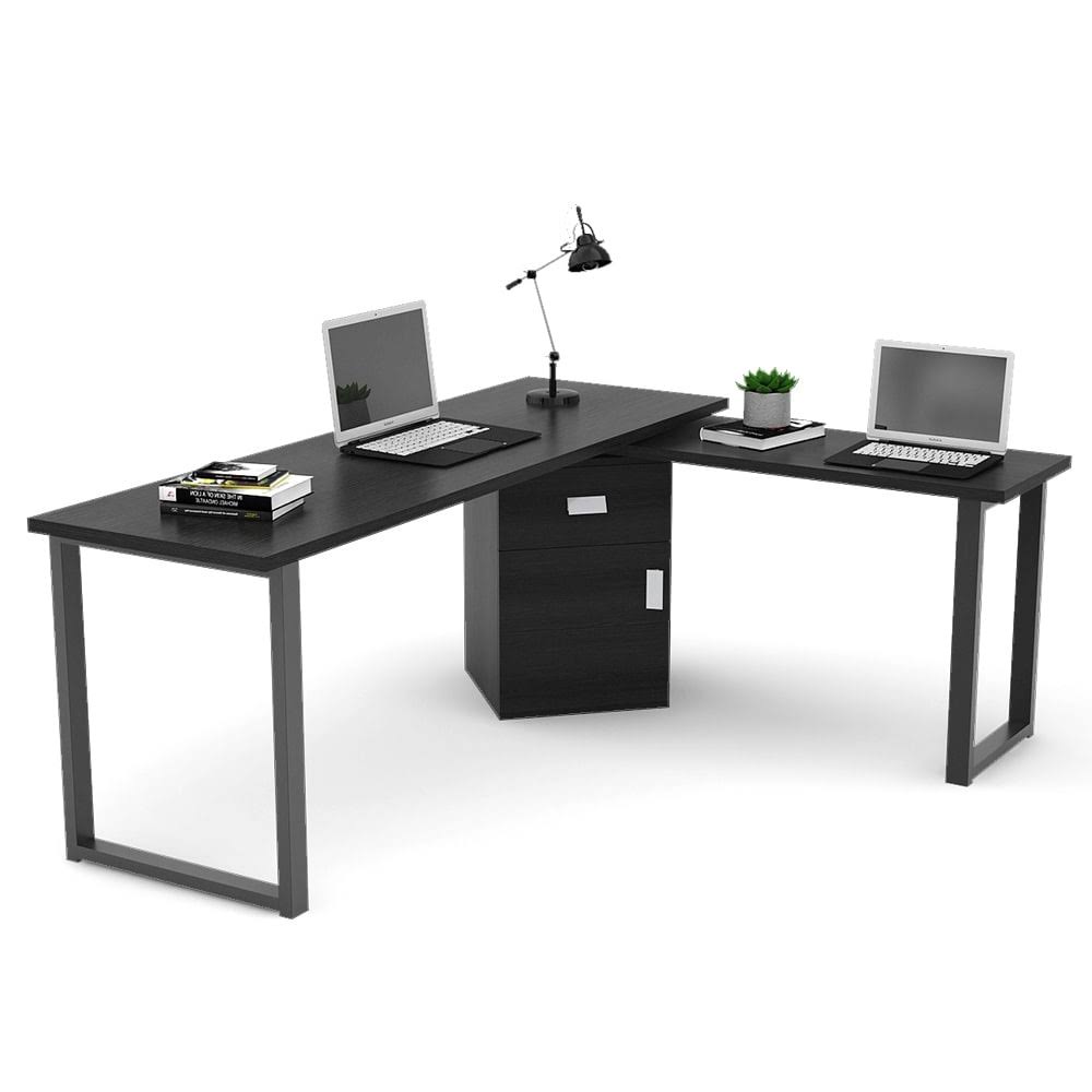 Black L-Shaped Computer Desk with File Cabinet R6401