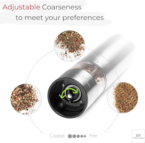 Electric Salt and Pepper Grinder Set - Battery Operated Stainless Steel Mill with Light (2 Black Mills) - Ceramic Grinders Q630
