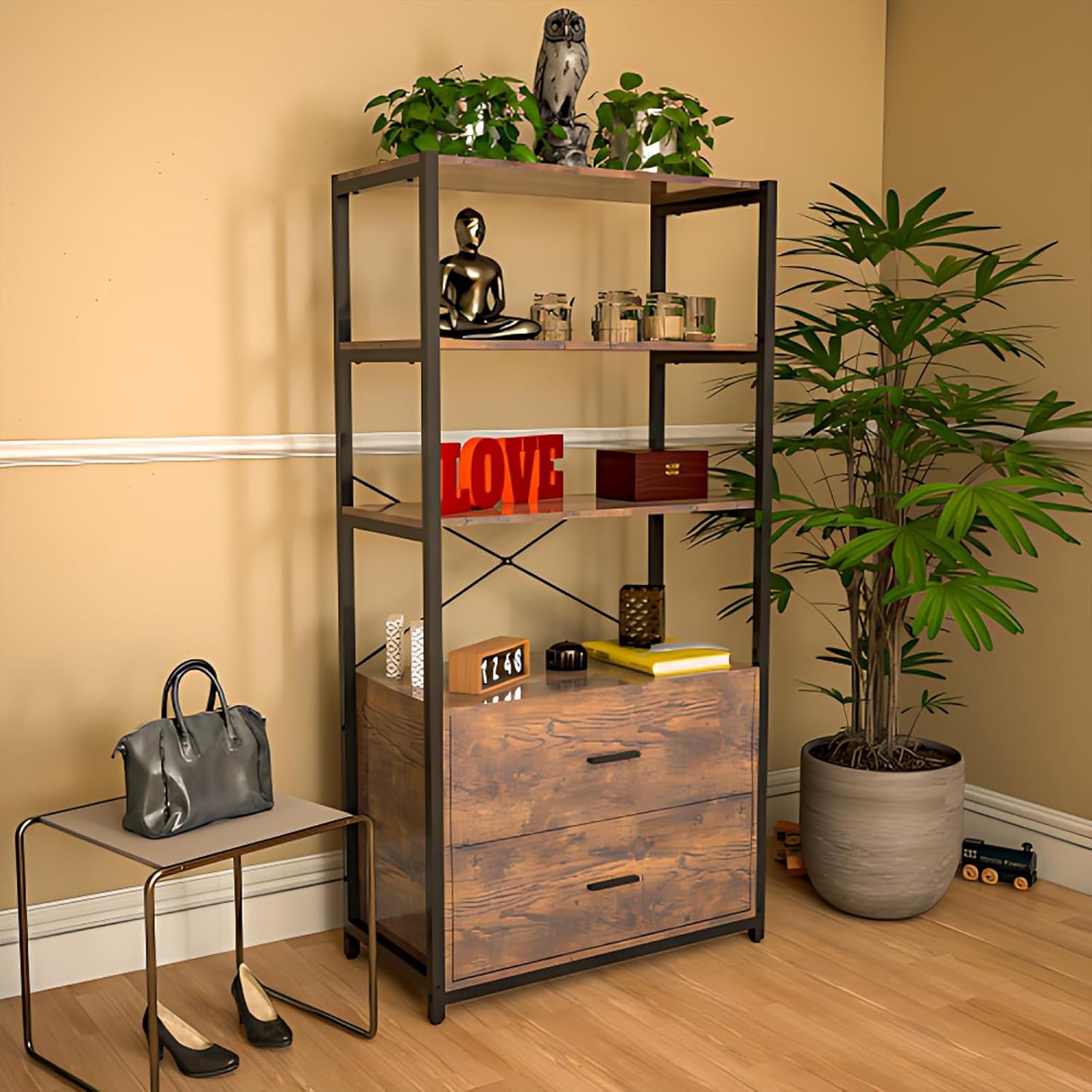 Tall Bookshelf with File Cabinet Drawers, Standing Shelf Units with Storage, Wooden Bookshelves, Vintage Brown O62361