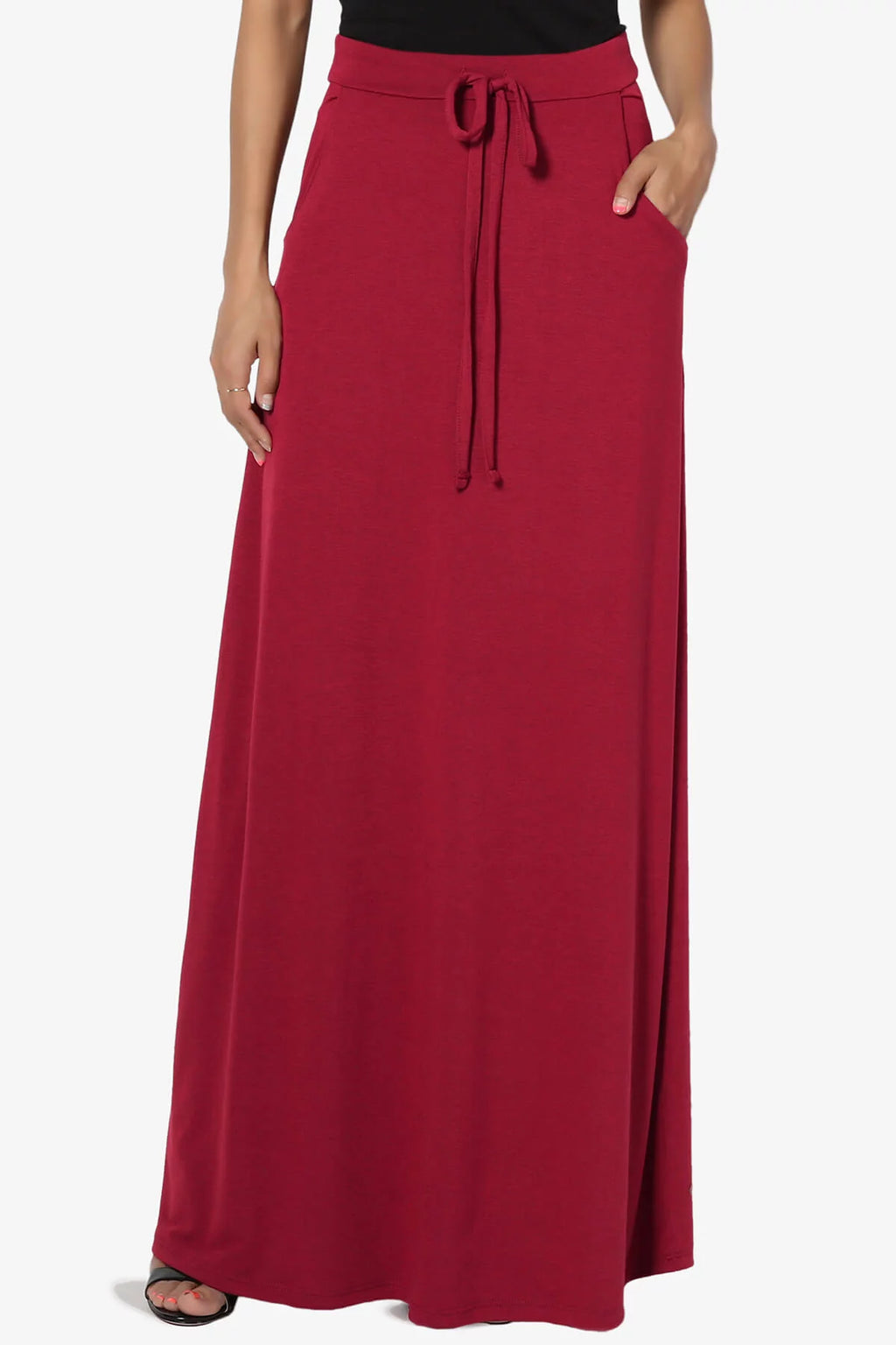 Women's PLUS Drawstring Waist Pocket Drapey Jersey A-Line Long Maxi Skirt X54505