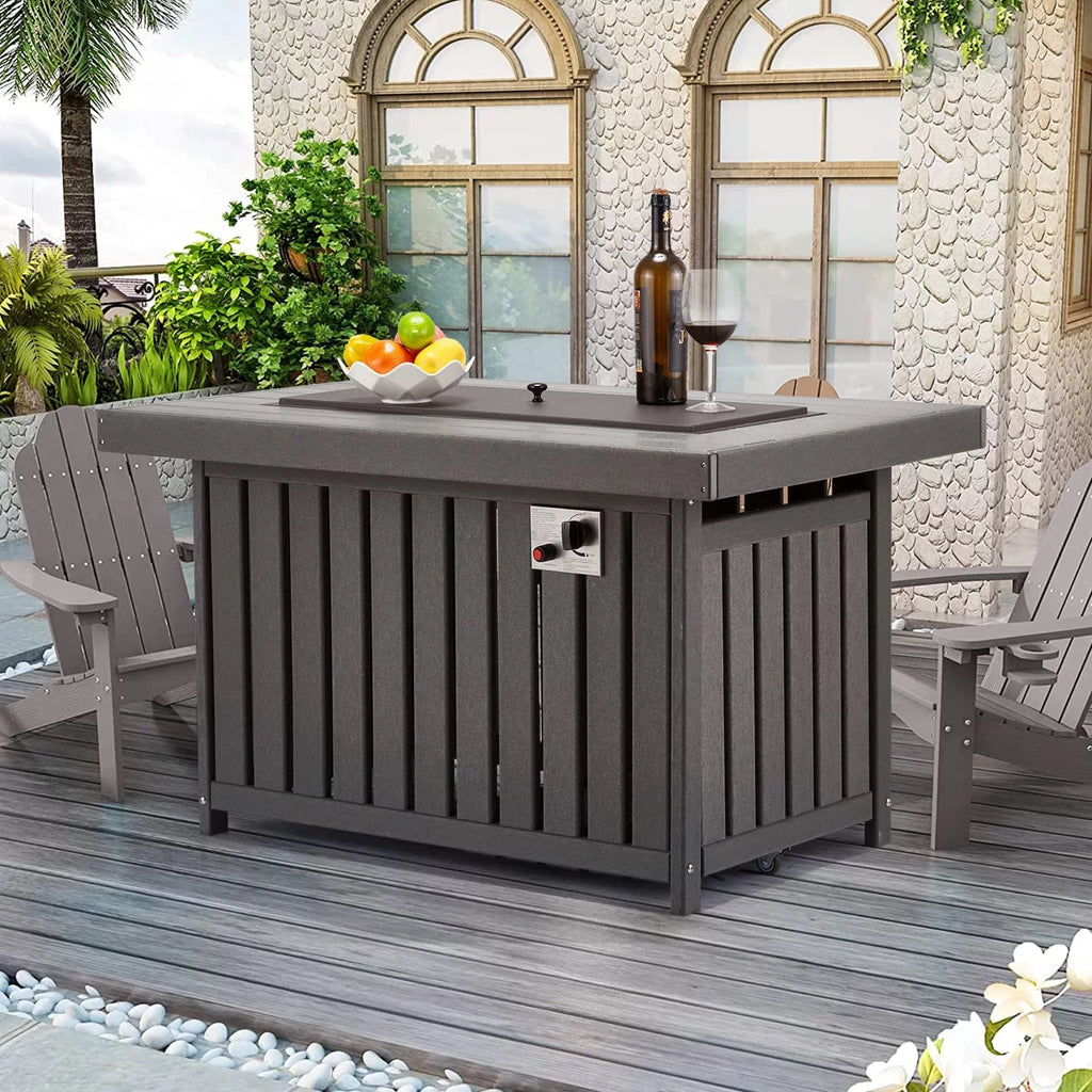 Gray 43 Inch HDPE Propane Fire Pit Table with Lid and Fire Glass J7544