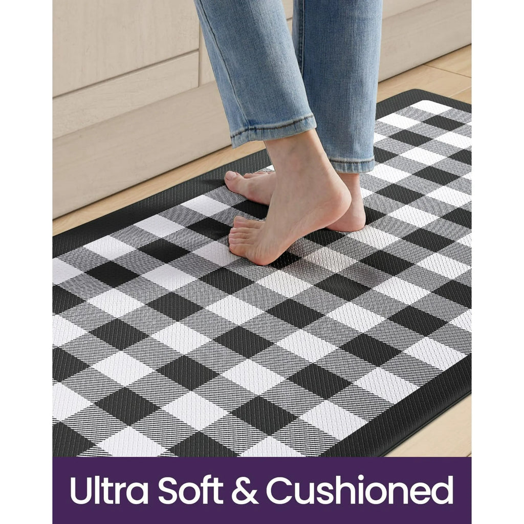 Black and White Buffalo Plaid Anti Fatigue Kitchen Floor Mats R2176