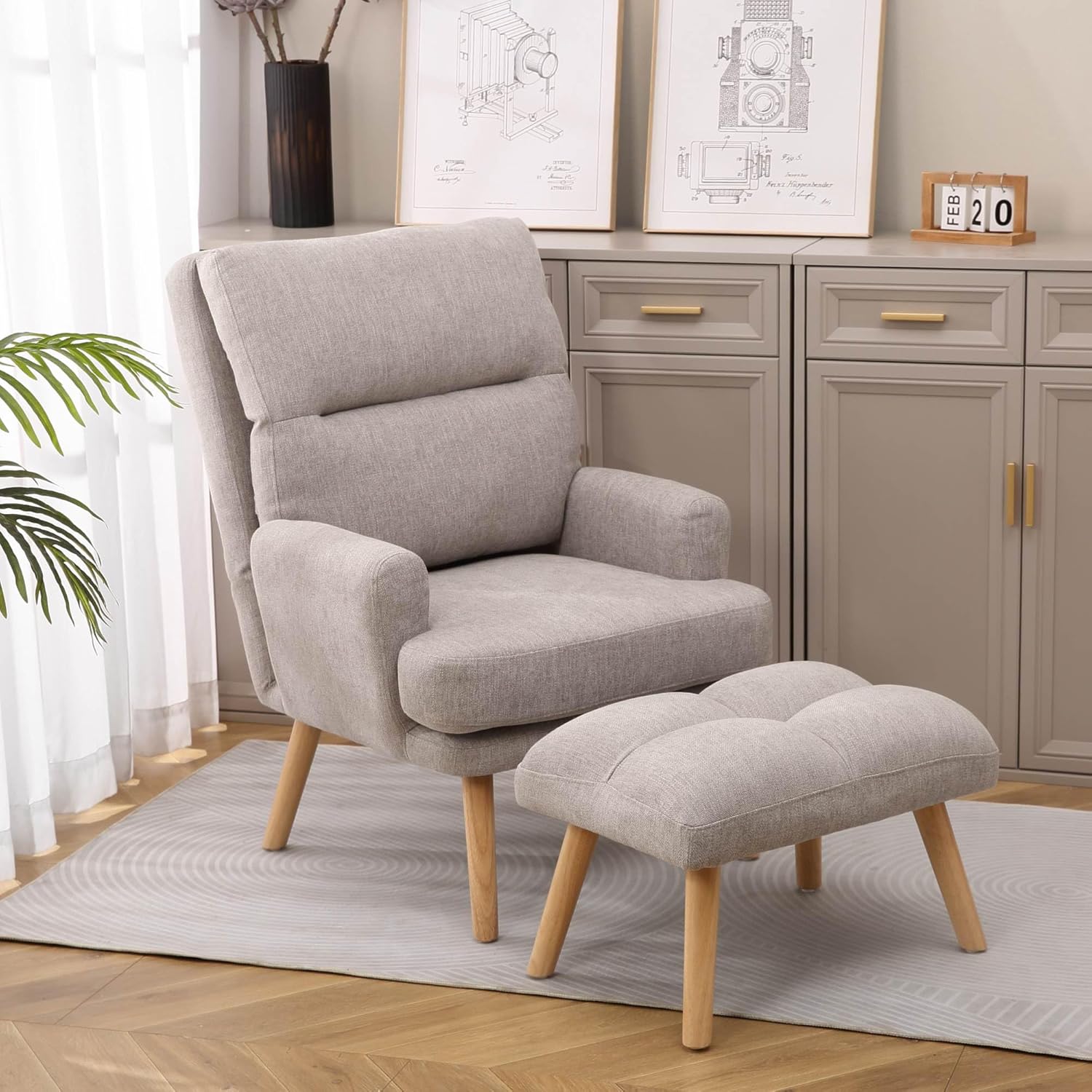 Decorative Chair Set with Footstool, Adjustable Backrest, Wooden Legs G861395