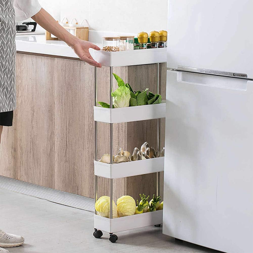 4 Tier Narrow Sliding Storage Organizer Rack Rolling Cart (White) R2673