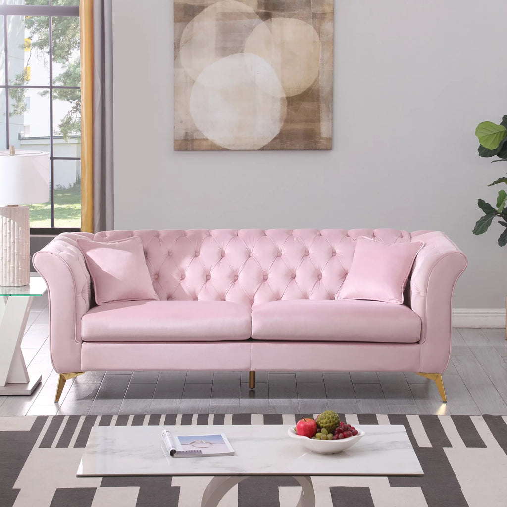 Pink Tufted Fabric Sofa with Scroll Arm Z346119