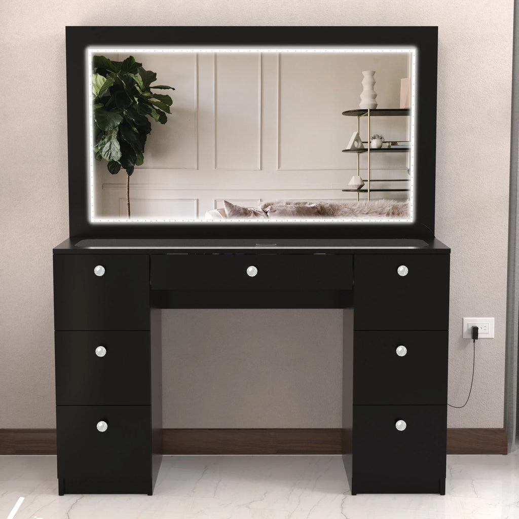 Black Vanity Desk with LED Lights, 7 Drawers, Mirror K873954