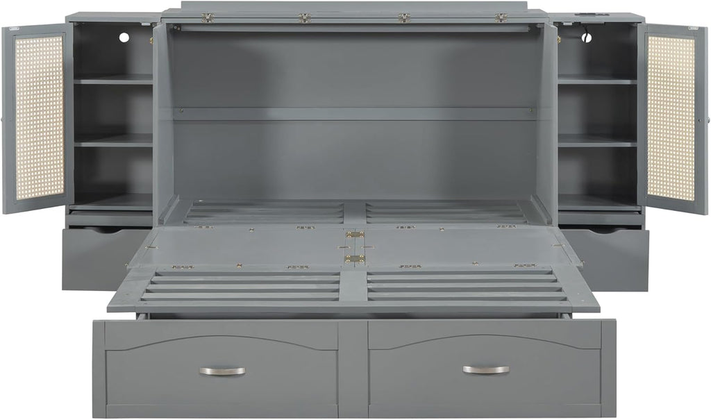 Gray Queen Size Murphy Bed with Storage Drawer and 2 Cabinets B95849